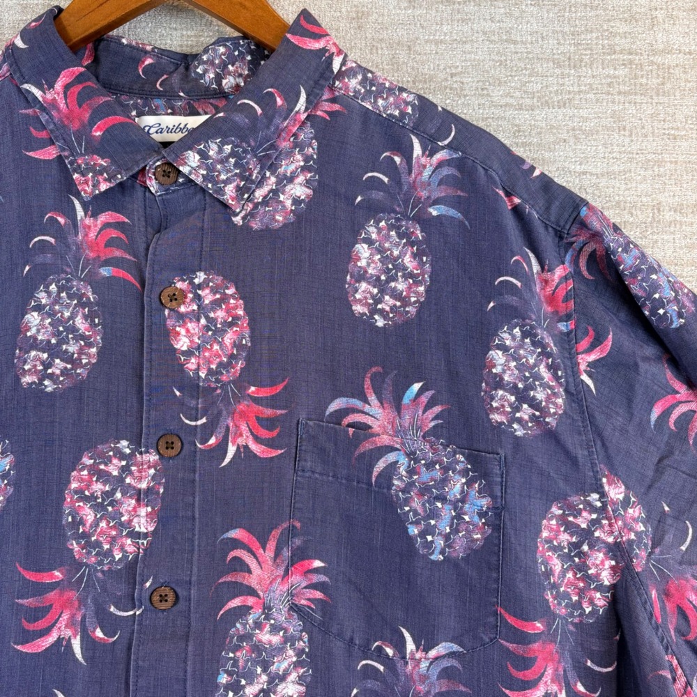 Caribbean Mens 2XBig Pineapple Tropical All Over Print Hawaiian Camp Shirt